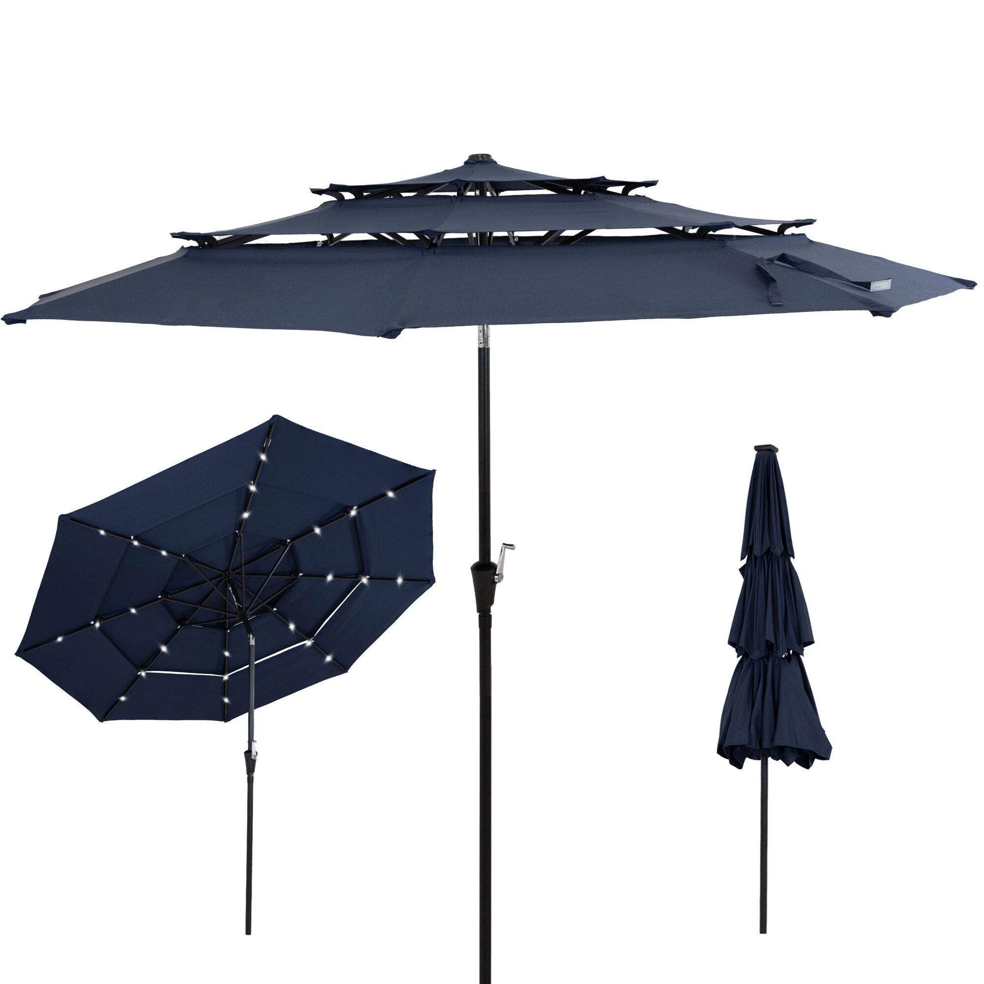 Sunnydaze Decor 3-Tier Outdoor Patio Umbrella — 10ft., Polyester Canopy, Solar LED Lights, Push Button Tilt, Crank, Navy, Model# ECG-1201